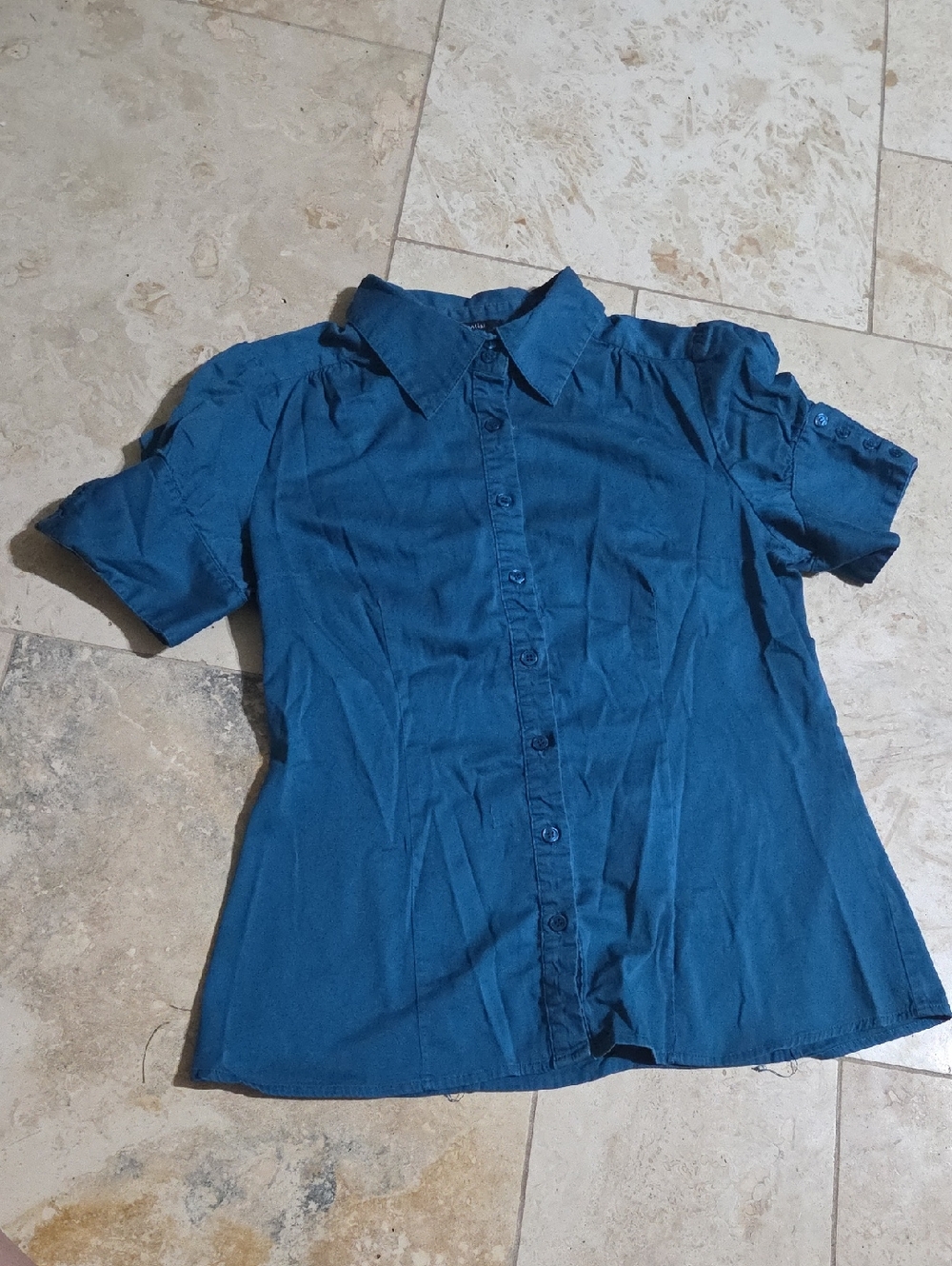 pt. 9 Size Large Turquoise Fitted Short Sleeve Button-Up Top